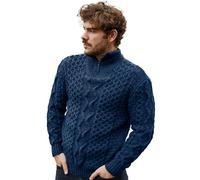 SAOL Pull de pêcheur irlandais en laine avec fermeture éclair et col en V, fabriqué en Irlande, bleu océan, XXL