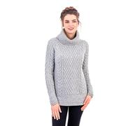 SAOL Pull irlandais côtelé à col roulé pour femme - gris - Taille XS
