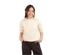 SAOL Pull Irlandais Traditionnel à Manches Courtes en Tricot torsadé - 100% Laine mérinos, Naturel, Taille L