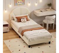 SAOOZBE Lit pour enfant rembourré, 90 x 200 cm, avec tête de lit réglable en pétales, cadre de lit simple et sommier à lattes (beige A, 90 x 200 cm)