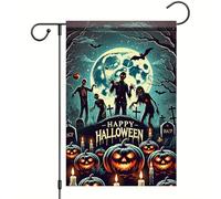 Saoplasa Drapeau de jardin d'Halloween « Happy Halloween Zombies Moon Pumpkin » 30,5 x 45,7 cm - Bannière d'extérieur double face pour tours ou friandises - Maison hantée - Décoration effrayante de