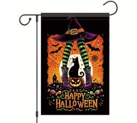 Saoplasa Drapeau de jardin d'Halloween, pattes de sorcière, chaussettes rayées vertes, chat noir, citrouille, 30,5 x 45,7 cm, bannière extérieure double face pour tour hanté effrayant ou friandises