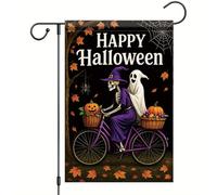 Saoplasa Drapeau de jardin d'Halloween squelette chapeau de sorcière fantôme drapeau de vélo 30,5 x 45,7 cm bannière extérieure double face pour tours ou friandises maison hantée décoration