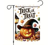 Saoplasa Drapeau de jardin d'Halloween Trick or Treat - Drapeau citrouille - 30,5 x 45,7 cm - Double face - Chapeau de sorcière d'extérieur - Lanterne sucettes - Petite bannière de cour - Décoration