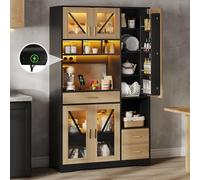 Sapgaks Buffet Salle a Manger 185 × 105 × 40 cm avec étagères réglables,tiroir,éclairage LED à Couleurs changeantes et Prises,Buffet Haut,Meuble de Cuisine (A-Noir + Naturel-1)