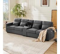 Sapgaks Canapé 4 Places Moderne en Tissu de Lin avec Console, 2 Porte-Boissons, 2 Port de Charge USB,canapé de Style Simple avec Poches accoudoirs et 4 Coussins,Gris foncé