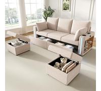Sapgaks Canapé Convertible en U/L avec LED et USB C et Porte-Gobelet, Canapé d'angle avec 2 Tiroirs et Pouf Rangement, Canapé Modulable avec Compartiments latéraux au Salon Appt, Beige