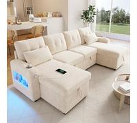Sapgaks Canapé d'angle 4 Places avec USB et LED, Canapé en U escamotable avec Espace de Rangement et Porte-gobelets, Canapé-lit Moderne Multifonctionnel,Accoudoir avec Espace de Rangement, Beige