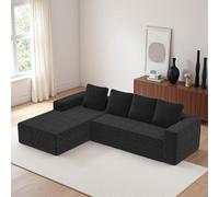 Sapgaks Canapé d'angle 4 places, canapé 3 places, canapé modulaire compressé avec méridienne en forme de L, aucun assemblage nécessaire (plus tissu côtelé) (noir)