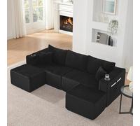 Sapgaks Canapé d'angle Convertible 4 Places,canapé Convertible 4 Places de L,canapé 4 Places,compressé avec poufs Mobiles,Tissu Velours côtelé Doux,Porte-gobelet,Poche latérale et Coussin (Noir-1)