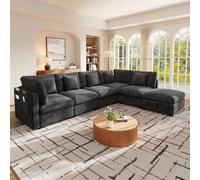 Sapgaks Canapé d'angle Convertible 6 Places,canapé 6 Places modulable,canapé lit,Pouf Amovible avec Coffre de Rangement et Poches latérales sur Les accoudoirs,Chenille et Tissu gaufré,Gris