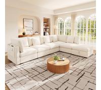 Sapgaks Canapé d'angle Convertible 6 Places,canapé 6 Places modulable,canapé lit,Pouf Amovible avec Coffre de Rangement et Poches latérales sur Les accoudoirs,Chenille et Tissu gaufré,Beige