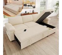 Sapgaks Canapé d'angle Convertible en L,modifiable Gauche/Droite,canapé 3 Places avec Ports USB/Type-C,Poche latérale,Dossier réglable,Rangement,Coussin d'accoudoir,canapé lit,Velours côtelé,Beige