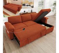 Sapgaks Canapé d'angle Convertible en L,modifiable Gauche/Droite,canapé 3 Places avec Ports USB/Type-C,Poche latérale,Dossier réglable,Rangement,Coussin d'accoudoir,canapé lit,Velours côtelé,Orange