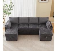 Sapgaks Canapé d'angle Convertible en U avec Porte-gobelets,oreillers,Espace de Rangement,Canapé lit Pliant Moderne,canapé Convertible 4 Places,Chenille+Velours Côtelé (J-Gris)