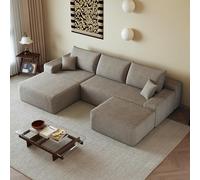 Sapgaks Canapé d'angle Convertible modulaire sans Cadre 270cm,canapé 3 Places avec méridienne à Droite,Pouf,canapé Convertible en Velours côtelé,Assise Profonde,sans Montage,Camel