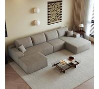 Sapgaks Canapé d'angle Convertible modulaire sans Cadre 340cm,canapé 4 Places avec méridienne à Gauche,Pouf,canapé Convertible en Velours côtelé,Assise Profonde,sans Montage,Camel
