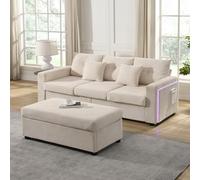 Sapgaks Canapé d'angle en Forme de L avec LED et Pouf Amovible surdimensionné,canapé 3 Places avec Coussin,Combinaison de canapé Moderne,Meubles de Salon,Velours côtelé (C-Beige)