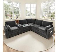 Sapgaks Canapé d'angle en Forme de L avec USB et Porte-gobelet,Canapé modulaire 5 Places avec Console Centrale Rabattable et Espace de Stockage,Canapé Nuage,Convient pour Le Salon et la Chambre,Gris