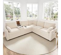 Sapgaks Canapé d'angle en Forme de L avec USB et Porte-gobelet,Canapé modulaire 5 Places avec Console Centrale Rabattable et Espace de Stockage,Canapé Nuage,Convient pour Le Salon et la Chambre,Beige