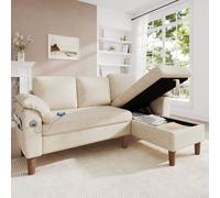 Sapgaks Canapé d'angle en L avec Port USB/Type-C,Poche latérale,2 Coussins d'accoudoir Semi-Fixes,canapé 3 Places,chaiselongue de Rangement,Montage réversible Gauche/Droite,Chenille,Beige