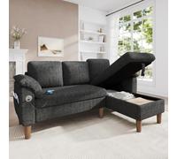 Sapgaks Canapé d'angle en L avec Port USB/Type-C,Poche latérale,2 Coussins d'accoudoir Semi-Fixes,canapé 3 Places,chaiselongue de Rangement,Montage réversible Gauche/Droite,Chenille,Gris foncé
