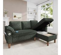 Sapgaks Canapé d'angle en L avec Port USB/Type-C,Poche latérale,2 Coussins d'accoudoir Semi-Fixes,canapé 3 Places,chaiselongue de Rangement,Montage réversible Gauche/Droite,Chenille,Vert