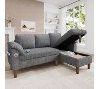Sapgaks Canapé d'angle en L avec Port USB/Type-C,Poche latérale,2 Coussins d'accoudoir Semi-Fixes,canapé 3 Places,chaiselongue de Rangement,Montage réversible Gauche/Droite,Chenille,Gris Clair
