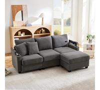 Sapgaks Canapé d'angle en L avec Repose-Pieds, Porte-gobelet, Chargeur USB, Rangement d'accoudoir et 2 oreillers,canapé 3 Places pour Salon/Bureau/Maison,Velours côtelé (C-Gris)
