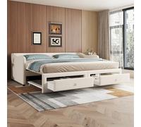 Sapgaks Canapé Lit 2 Places Convertible 90x200, Cadre de Lit avec Tiroir, Coffre et Rangement, Lin, Style Minimaliste, Beige (Sans Matelas)
