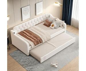 Sapgaks Canapé lit Convertible 90x200cm avec Port USB,Cadre de canape lit 2 Places avec gigogne,clic-clac,méridienne gigogne,Beige(sans Matelas)