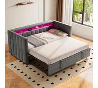 Sapgaks Canapé lit Multifonction 90x190 cm avec lit gigogne,Port USB+Type-C, Ambiance LED,lit 1 Personne en Velours avec rangements,Cadre de lit 90x 190 avec sommier à Lattes,Gris