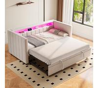 Sapgaks Canapé lit Multifonction 90x190 cm avec lit gigogne,Port USB+Type-C, Ambiance LED,lit 1 Personne en Velours avec rangements,Cadre de lit 90x 190 avec sommier à Lattes,Beige