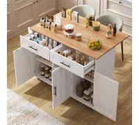 Sapgaks Desserte îlot de Cuisine sur roulettes, Meuble de Cuisine avec Plans de Travail Rabattable en Bois, Porte-torchons, 2 Tiroirs, 3 Portes, Chariot de Service MDF, 129x71x91,5cm, Blanc