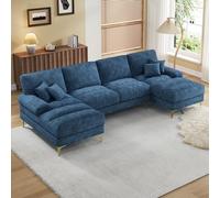 Sapgaks Grand canapé d'angle Moderne en U,avec Fauteuil inclinable Double,canapé 4 Places en Chenille,Canapé de Salon(Bleu)