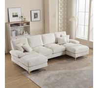 Sapgaks Grand canapé d'angle Moderne en U,avec Fauteuil inclinable Double,canapé 4 Places en Chenille,Canapé de Salon(Beige)