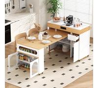 Sapgaks Îlot de Cuisine Mobiles avec Rangement,Plan de Travail,Table à Manger Extensible avec multiprises et Plateau en Verre cannelé,Buffet à Un tiroir,Blanc + Naturel
