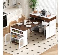 Sapgaks Îlot de Cuisine Mobiles avec Rangement,Plan de Travail,Table à Manger Extensible avec multiprises et Plateau en Verre cannelé,Buffet à Un tiroir,Blanc + Noyer
