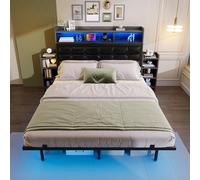 Sapgaks Lit 140 x 190 avec Sommier LED et USB C, Lit Double 140x190 avec 2 Tables de Chevet Gigognes et Tete, Rembourré avec à Lattes 2 Personnes, Capitonné Cadre de Métal(sans Matelas)