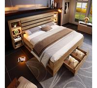 Sapgaks Lit 160×200 avec sommier à Lattes avec LED et Port USB,lit Coffre 160×200 Double rembourré tiroirs,Cadre de lit 2 Personnes avec Rangement,Lit Double en Bois Massif