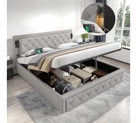 Sapgaks Lit 160x200 avec sommier à Lattes,Cadre de lit Coffre 160x200 avec Downlight et Interface USB,lit 2 Personnes avec tête de lit rayée,Double avec récipient,rembourré hydraulique,Lin,Gris