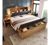 Sapgaks Lit 180×200 avec sommier à Lattes avec Port USB,Lit Double 180×200 cm avec tête de lit Rabattable revêtue,lit Coffre 180×200 avec Deux Tables de Chevet,Cadre de lit 2 Personnes avec Rangement