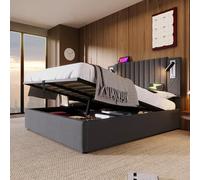 Sapgaks Lit 180x200 avec sommier à Lattes et USB,lit Coffre 180x200 avec Lampe de Lecture avec Fonction de Chargement,Cadre de lit 2 Personnes avec Rangement,Double,Coton,Gris
