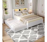 Sapgaks Lit 2 Personnes 120x200 et 90x190cm avec USB,Cadre de lit Double,lit avec sommier à Lattes,avec Bande Lumineuse d'ambiance,avec gigogne,Rangement en tête,Cadre en pin,pin+MDF,Blanc