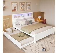 Sapgaks Lit 2 Personnes 120x200 et 90x190cm,lit avec sommier à Lattes et USB,Cadre de lit Double avec Bande Lumineuse d'ambiance,avec gigogne,Rangement en tête,Cadre en pin,pin+MDF,Blanc
