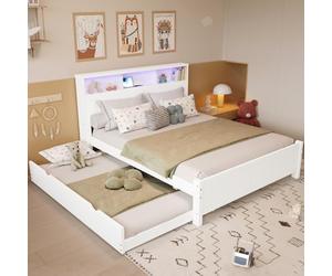 Sapgaks Lit 2 Personnes 120x200 et 90x190cm,lit avec sommier à Lattes et USB,Cadre de lit Double avec Bande Lumineuse d'ambiance,avec gigogne,Rangement en tête,Cadre en pin,pin+MDF,Blanc