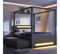 Sapgaks Lit à baldaquin tapissier 140x200 cm avec lit gigogne,Trois tiroirs, éclairage LED,lit 1 Personne,Cadre de lit 140 x 200 avec sommier,Gris