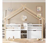 Sapgaks Lit cabane Enfant 90x200,lit mi Hauteur,lit cabane avec Toit,clôture à Quatre côtés, avec escalier, 2 casiers à roulettes, pin + MDF, Blanc + Naturel