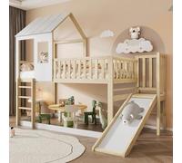 Sapgaks Lit cabane Enfants 90 x 200,lit superposé Enfant antichute,lit Mezzanine 2 Places,avec échelle à Angle Droit et Toboggan, avec Toit et fenêtre,et Grille,Structure en pin,Naturel Blanc
