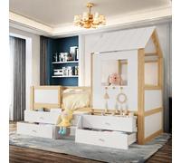 Sapgaks Lit cabane Enfants 90x200 avec Toit et fenêtre, Lit superposé Enfant avec 4 tiroirs et Petit escalier, lit Double lit Simple, Protection Anti Chute, pin + MDF + contreplaqué, Blanc + Naturel